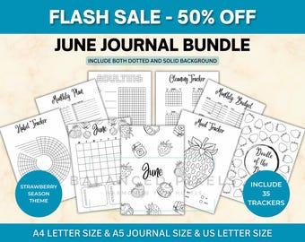 June Planner Bundle - Strawberry Theme Printable - Undated Monthly Calendar - Black & White - June Journal Pages