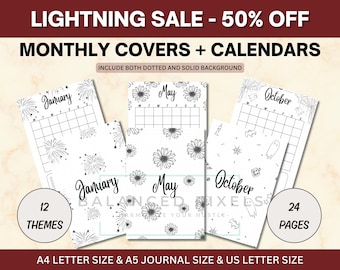 12 Month Calendar & Cover Page bundle | Undated Monthly Planner | Printable Journal Inserts | Digital Download