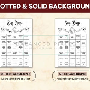 May include: Two Song Bingo game sheets, one with a dotted background and the other with a solid background. Each sheet has a black and white design with the words "Song Bingo" at the top, along with musical notes and headphones. The bottom of the image has text that reads "Dotted Background" and "Solid Background".