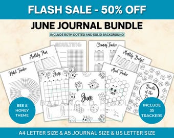 June Planner Bundle - Bee Theme Printable - Undated Monthly Calendar - Black & White - June Journal Pages