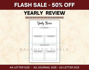 Yearly Review Journal Page - End of Year Reflection PDF - Gratitude Log Worksheet - New Year Goal Setting Chart - Self Improvement Insert