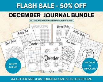 December Planner Bundle - Snow Theme Printable - Undated Monthly Calendar - Black & White - December Journal Pages