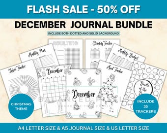 December Planner Bundle - Christmas Theme Printable - Undated Monthly Calendar - Black & White - December Journal Pages