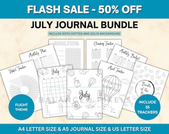 July Planner Bundle - Flight Theme Printable - Undated Monthly Calendar - Black & White - July Journal Pages