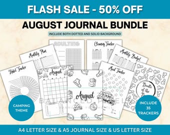 August Planner Bundle - Camping Theme Printable - Undated Monthly Calendar - Black & White - August Journal Pages