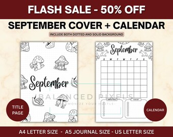 Page de titre de septembre - sur le thème des champignons - calendrier de septembre - agenda imprimable - téléchargement numérique - encart de journal
