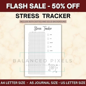 以下が含まれることがあります： 「Stress Tracker」の文字と、ストレスレベルを追跡するためのグリッドが描かれた、白黒のストレス追跡ツール。画像には「FLASH SALE - 50% OFF」と「INCLUDE BOTH DOTTED AND SOLID BACKGROUND」の文字が含まれています。A4、A5、USレターサイズで利用可能です。