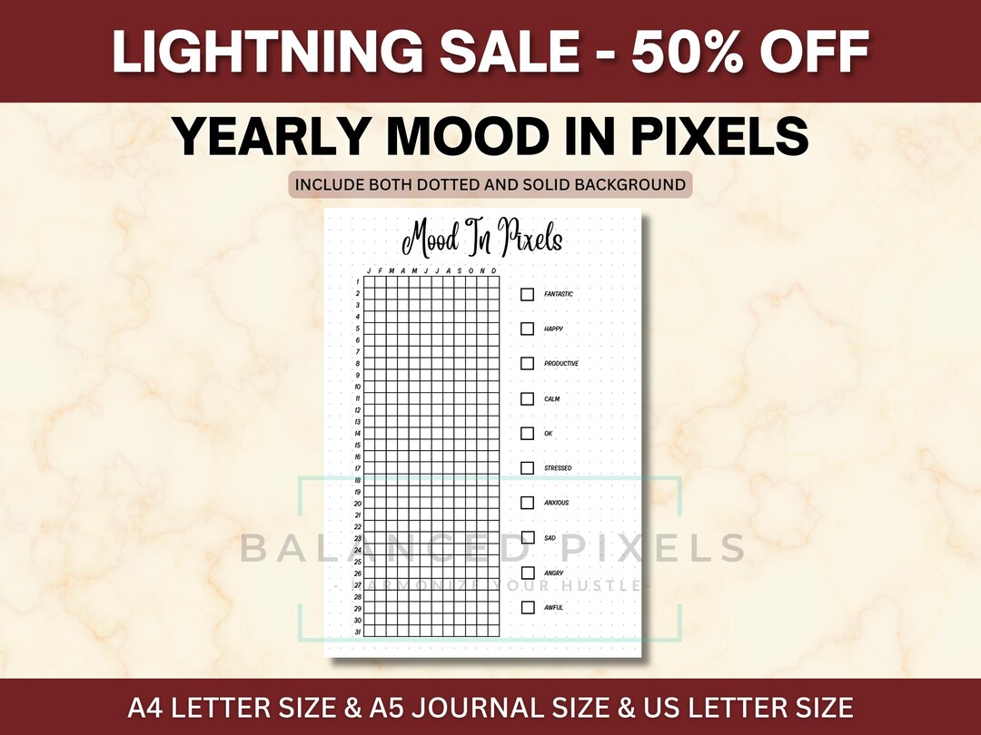 Mood in Pixels Printable | Year in Pixels Journal | Yearly Mood Tracker ...