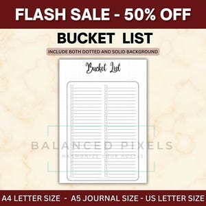 Könnte beinhalten: Eine weiße Bucket List-Journalseite mit gepunktetem und einfarbigem Hintergrund. Der Titel "Bucket List" ist in einer Schreibschrift geschrieben. Die Seite enthält linierte Abschnitte mit Kontrollkästchen. Das Journal ist in A4, A5 und US Letter erhältlich.