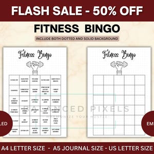 May include: Two white Fitness Bingo sheets, one filled and one empty, with the text "Fitness Bingo" and a dumbbell graphic. The filled sheet has exercise prompts. The text "Flash Sale - 50% Off" is at the top.