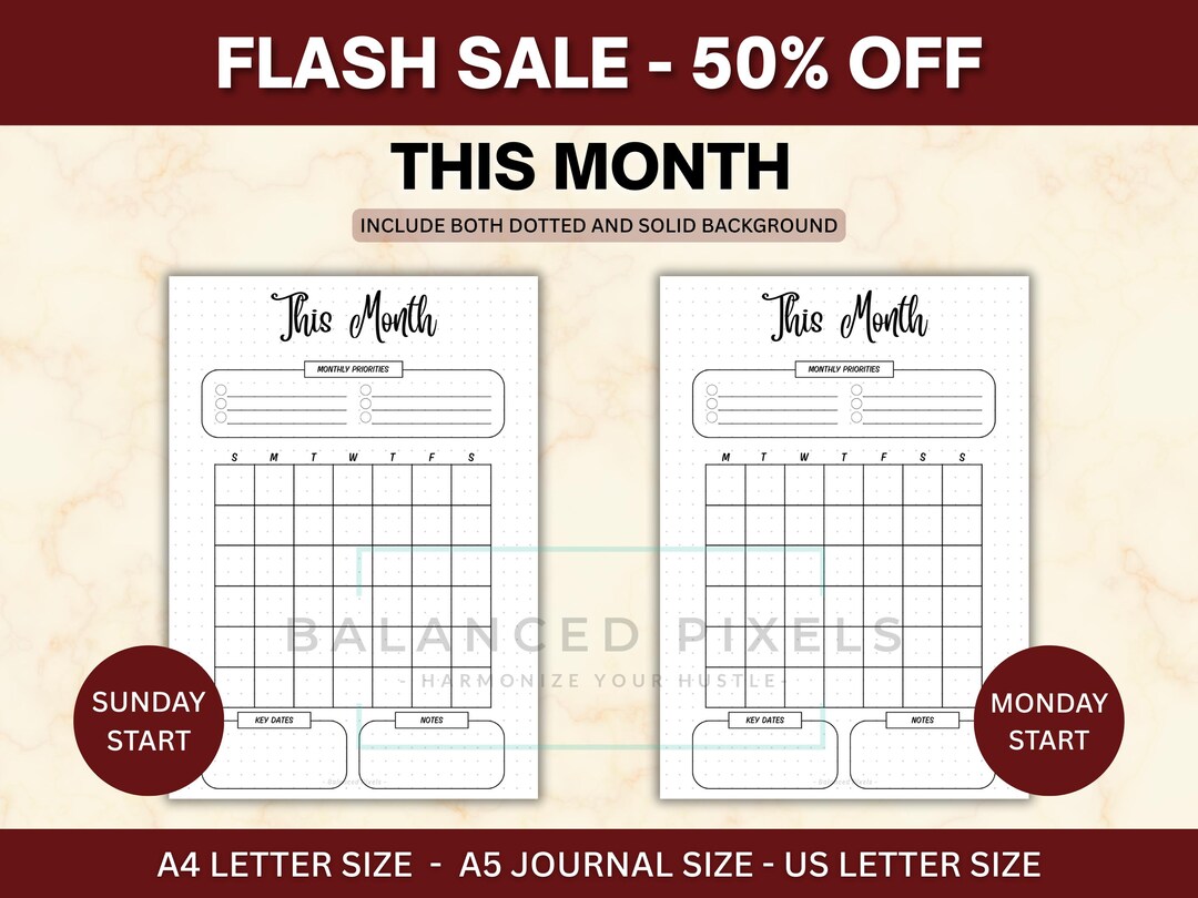 Priority Calander Undated Monthly Planner - Printable Calendar PDF Monday & Sunday Start ...