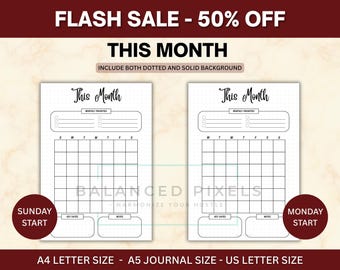 Planificador mensual sin fecha - Calendario imprimible en PDF (inicio lunes y domingo) - Seguimiento de prioridades de objetivos - Bullet Journal minimalista con insertos Bujo