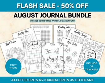 August Planner Bundle - Fruit Theme Printable - Undated Monthly Calendar - Black & White - August Journal Pages