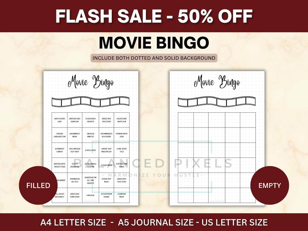 Movie Bingo Game - Film Watching Challenge - Custom Cinema Bujo ...