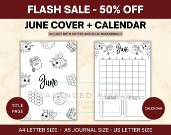 Page de titre de juin - abeille et miel sur le thème - calendrier de juin - agenda imprimable - téléchargement numérique - encart de journal