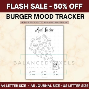 Pode incluir: Uma página de diário Burger Mood Tracker em preto e branco com o texto "Mood Tracker" e um design de hambúrgueres. A página inclui caixas de seleção para rastrear humores. O texto "FLASH SALE - 50% OFF" está no topo.