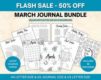March Planner Bundle - Lucky Charms Theme Printable - Undated Monthly Calendar - Black & White - March Journal Pages