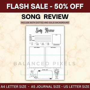 Puede incluir: Una plantilla blanca de revisión de canciones con opciones de fondo punteado y sólido. La plantilla incluye secciones para el título, el artista, el álbum y un resumen de la canción. El texto "FLASH SALE - 50% OFF" está en la parte superior.