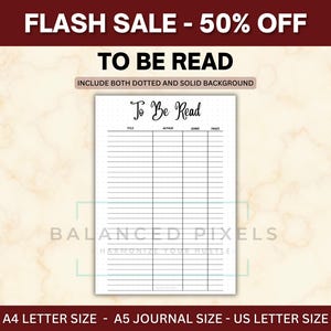 Könnte beinhalten: Eine weiße "To Be Read"-Journalseite mit schwarzen Linien und Überschriften für Titel, Autor, Genre und Seiten. Der Text "To Be Read" ist handschriftlich. Der Hintergrund ist ein Marmormuster mit dem Text "FLASH SALE - 50% OFF" oben.