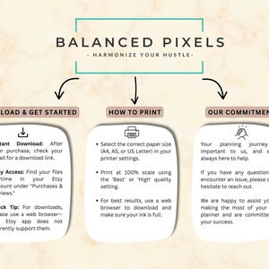 May include: An image with the text "BALANCED PIXELS - HARMONIZE YOUR HUSTLE-". It provides instructions on downloading, printing, and the seller's commitment to customer support. The design is on a beige background with a teal border.