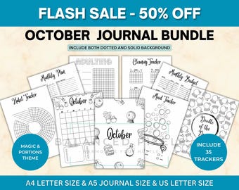 October Planner Bundle - Magic and Portions Theme Printable - Undated Monthly Calendar - Black & White - October Journal Pages