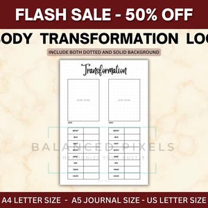 Könnte beinhalten: Ein weißes Body Transformation Log mit dem Text "Transformation" oben. Das Logbuch enthält Abschnitte für Vorher- und Nachher-Fotos, Gewicht und Körpermaße. Der Text "FLASH SALE - 50% OFF" steht oben.