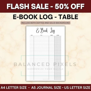 Peut inclure: Tableau de journal E-Book blanc avec un arrière-plan pointillé et uni. Le journal comprend des sections pour la date, le titre, le genre et l'évaluation. Le texte "E-Book Log" est en haut. Le texte "FLASH SALE - 50% OFF" est également présent.