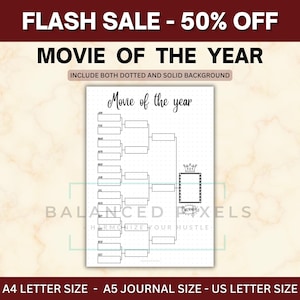 May include: A black and white bracket for "Movie of the Year" with the text "Movie of the year" at the top. The text "FLASH SALE - 50% OFF" is at the top. The bracket includes the text "INCLUDE BOTH DOTTED AND SOLID BACKGROUND".