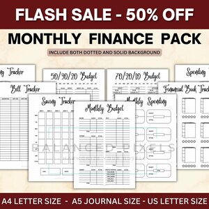 Puede incluir: Un conjunto de plantillas imprimibles de planificación financiera, que incluyen rastreadores de gastos y hojas de presupuesto. El texto "FLASH SALE - 50% OFF" y "MONTHLY FINANCE PACK" se muestran en la parte superior. Disponible en tamaños A4, A5 y US Letter.