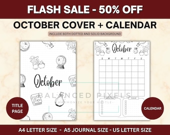 Page de titre d'octobre - sur le thème de la magie et des portions - calendrier d'octobre - agenda imprimable - téléchargement numérique - encart de journal