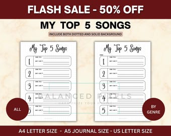 My Top 5 Songs Log - Genre Favorites Tracker - Best Music Insert - Minimalist Bujo Page - Audio Planner