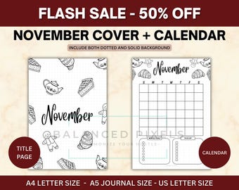 Page de titre de novembre - sur le thème de la nourriture - calendrier de novembre - agenda imprimable - téléchargement numérique - encart de journal