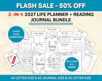 2027 Life Planner & Reading Journal Bundle - ADHD Organizer - Daily Productivity - Finance and Wellness - 334 Pages - A4, A5, US Letter
