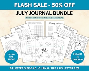 July Planner Bundle - Ocean Life Theme Printable - Undated Monthly Calendar - Black & White - July Journal Pages