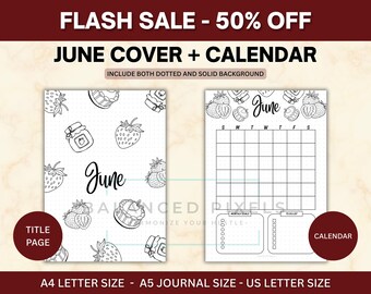 Page de titre de juin - thème de la saison des fraises - calendrier de juin - agenda imprimable - téléchargement numérique - encart de journal
