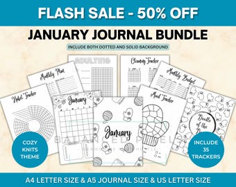 May include: A collection of printable journal pages with a cozy knits theme. The pages include trackers for habits, monthly plans, cleaning, mood, and more. The bundle includes 35 trackers and is available in A4, A5, and US Letter sizes.