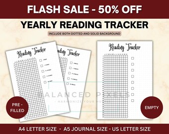 Jährlicher Lesetracker zum Ausdrucken - Jährliches Buchlogbuch PDF - Jährlicher Gewohnheitskalender - Tagesseite & Zeitziel - Bullet Journal Insert für Leser