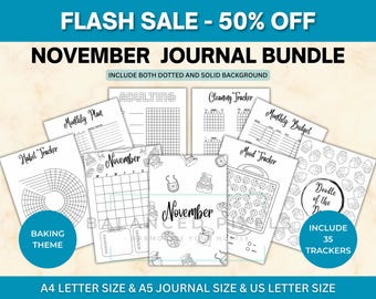 November Planner Bundle - Baking Theme Printable - Undated Monthly Calendar - Black & White - November Journal Pages