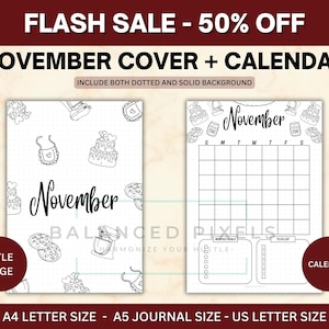 May include: A digital planner cover and calendar for November, featuring a dotted background with hand-drawn illustrations of cakes, aprons, and cookies. The calendar includes a monthly layout with space for goals and to-do lists. The text "FLASH SALE - 50% OFF" is at the top.