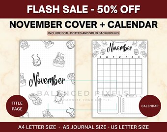 Page de titre de novembre - pâtisserie sur le thème - calendrier de novembre - agenda imprimable - téléchargement numérique - encart de journal
