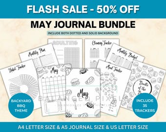 May Planner Bundle - Backyard BBQ Theme Printable - Undated Monthly Calendar - Black & White - May Journal Pages