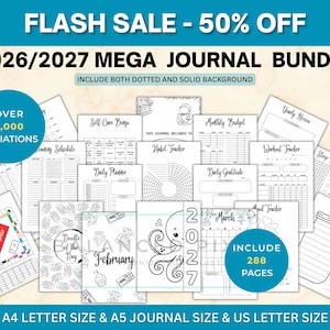 May include: A digital 2026/2027 mega journal bundle featuring over 2,000 variations and 288 pages. The collection includes printable sheets for habit tracking, daily planning, budgeting, and self-care, available in A4, A5, and US letter sizes.