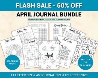 April Planner Bundle - Gardening Theme Printable - Undated Monthly Calendar - Black & White - April Journal Pages