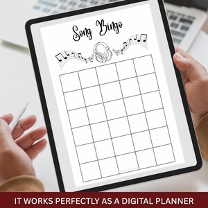 May include: A digital tablet displaying a "Song Bingo" game layout. The design features musical notes, headphones, and a grid for gameplay. The text "Song Bingo" is at the top. The bottom of the image reads "IT WORKS PERFECTLY AS A DIGITAL PLANNER".