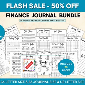 May include: A finance journal bundle with over 140 variations, including both dotted and solid backgrounds. The bundle includes 25 pages with trackers for bills, budgets, and financial goals. Available in A4, A5, and US Letter sizes.