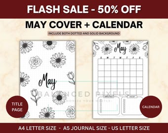 Page de titre de mai - sur le thème des fleurs - calendrier de mai - agenda imprimable - téléchargement numérique - encart de journal