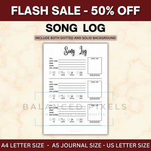 Detailliertes Song Log - Musik-Tracker Bewertung - Audio-Tagebuch Insert - Minimalistische Bujo Seite - Playlist Tracker