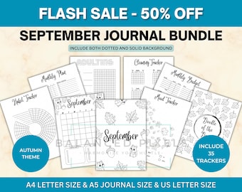 September Planner Bundle - Autumn Theme Printable - Undated Monthly Calendar - Black & White - September Journal Pages
