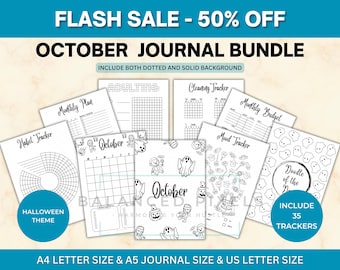 October Planner Bundle - Halloween Theme Printable - Undated Monthly Calendar - Black & White - October Journal Pages