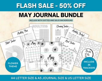 May Planner Bundle - Flower Theme Printable - Undated Monthly Calendar - Black & White - May Journal Pages